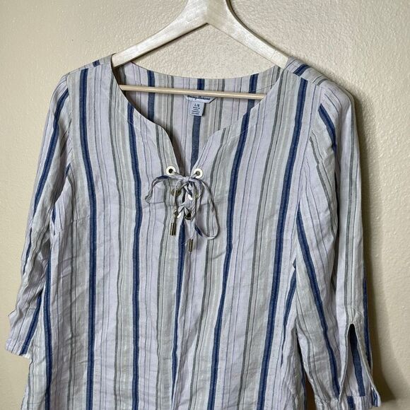 Tommy Bahama large linen blend top stripe Silver Metallic Boho 3/4 SLEEVE LACE - Picture 2 of 9